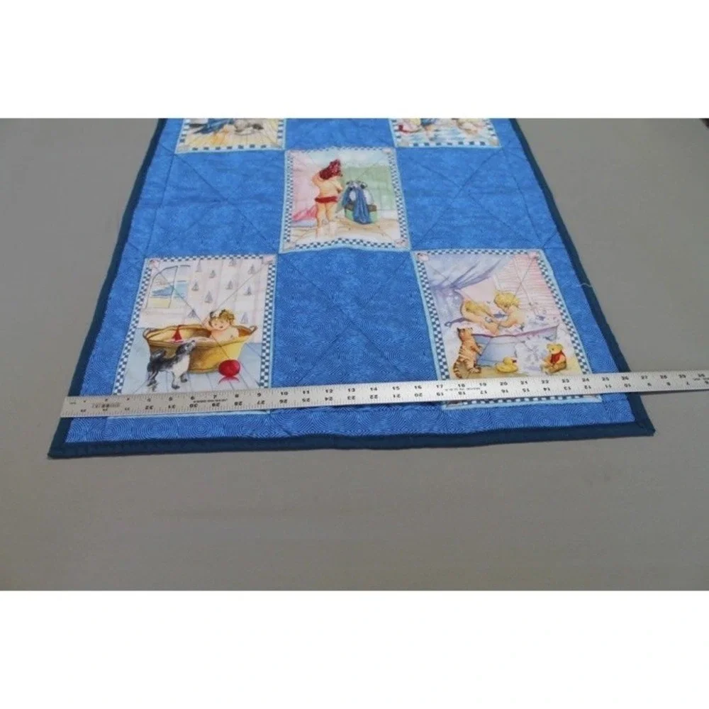 Handmade Baby Crib Quilt Blanket Blue Nursery + Plush Puppy Dog Toy Lot